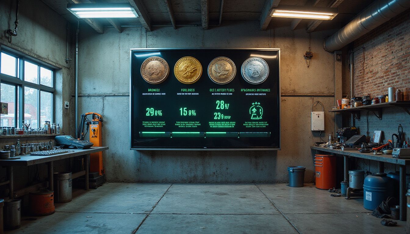 A flat-screen display in an automotive repair garage showcases performance metrics and achievement badges amid a busy work environment. A flat-screen display in an automotive repair garage showcases performance metrics and achievement badges amid a busy work environment.