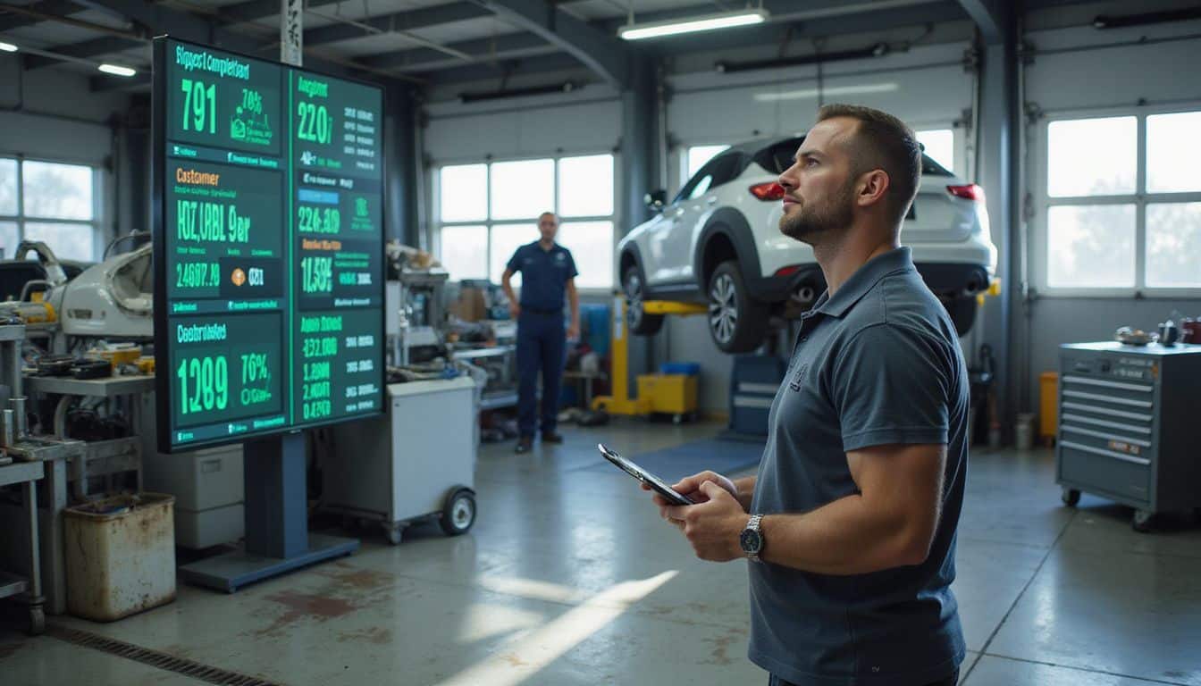 A middle-aged man focuses on a digital display while a technician works beneath a lifted vehicle in a busy service bay. A middle-aged man focuses on a digital display while a technician works beneath a lifted vehicle in a busy service bay.