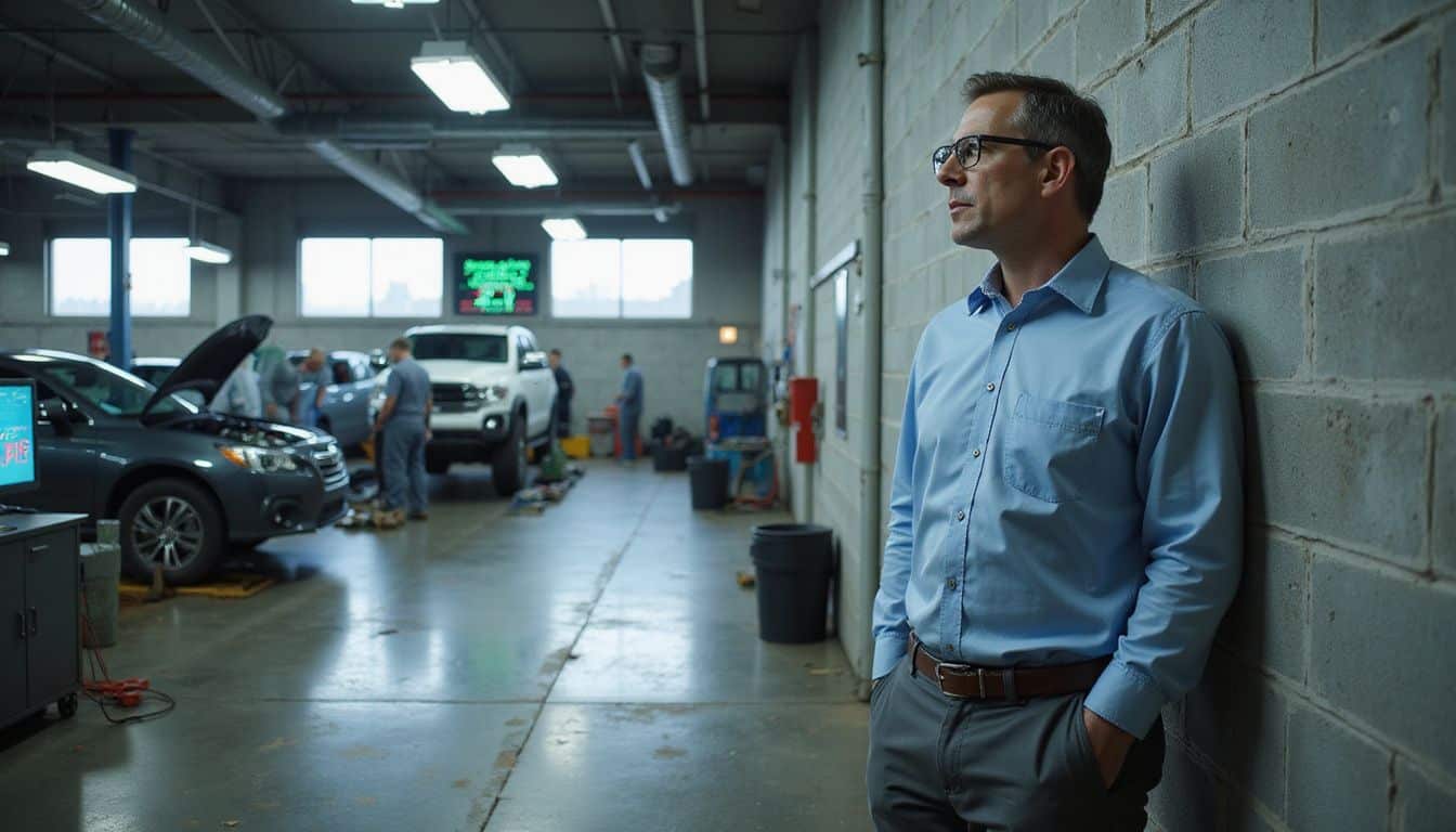 A focused man in an automotive service department studies customer satisfaction metrics displayed on a wall-mounted monitor. A focused man in an automotive service department studies customer satisfaction metrics displayed on a wall-mounted monitor.