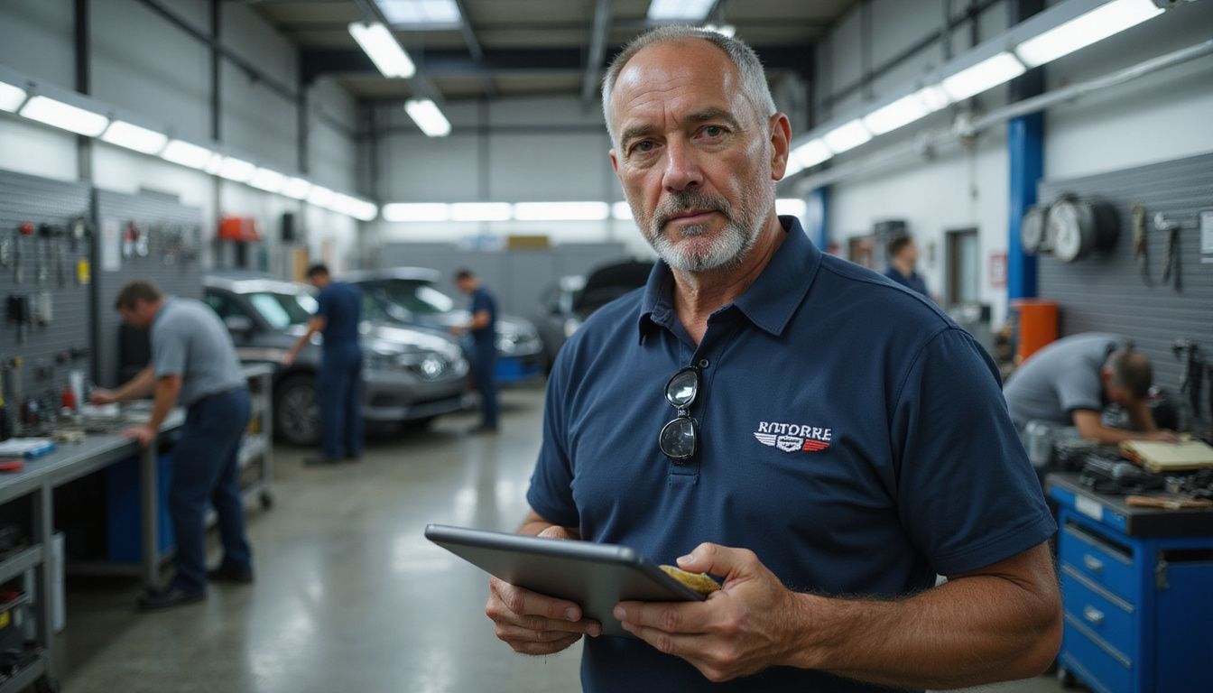 A weathered mechanic examines repair invoices on a tablet in a busy automotive service bay filled with tools. A weathered mechanic examines repair invoices on a tablet in a busy automotive service bay filled with tools.