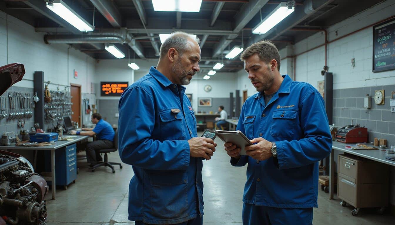 A busy automotive service facility with technicians engaged in repair work amidst organized tools and equipment. A busy automotive service facility with technicians engaged in repair work amidst organized tools and equipment.