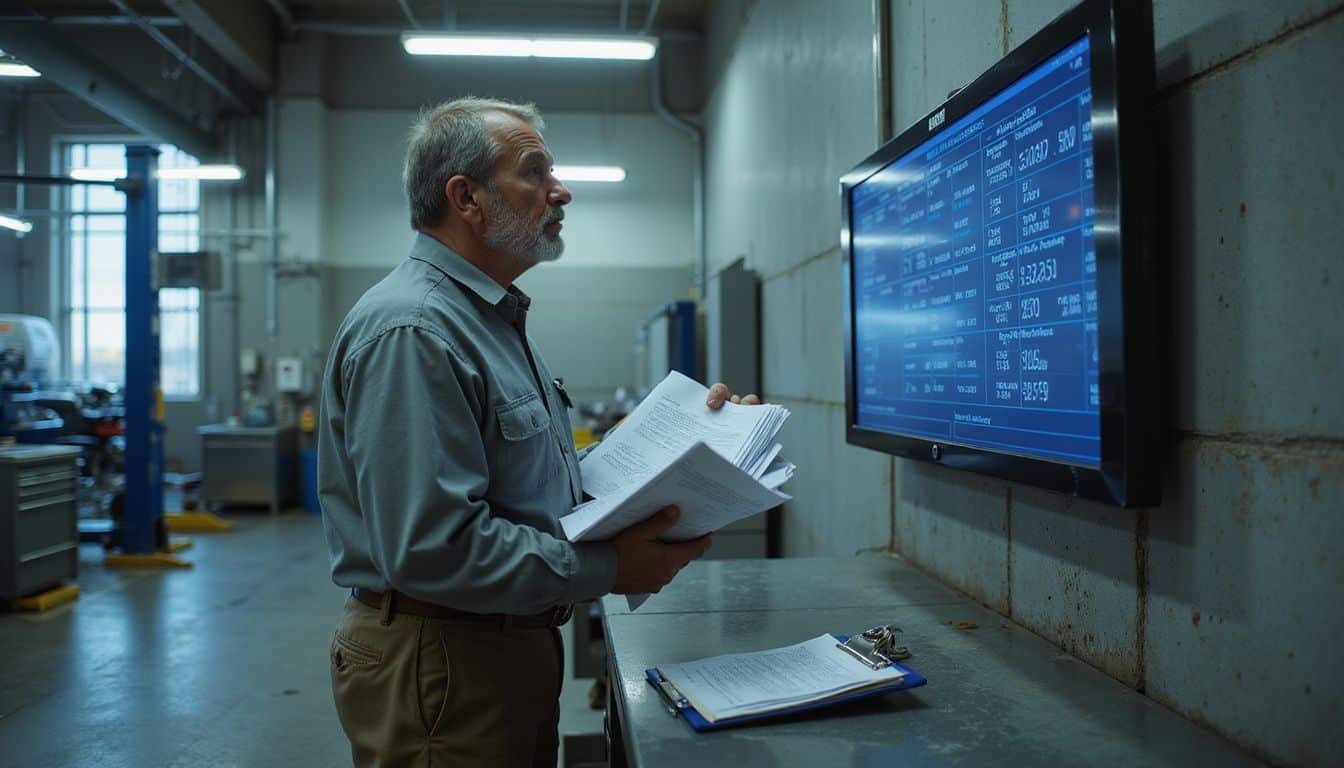 A middle-aged man stands in a vehicle service bay, reviewing audit reports while gazing at performance metrics on a digital display. A middle-aged man stands in a vehicle service bay, reviewing audit reports while gazing at performance metrics on a digital display.