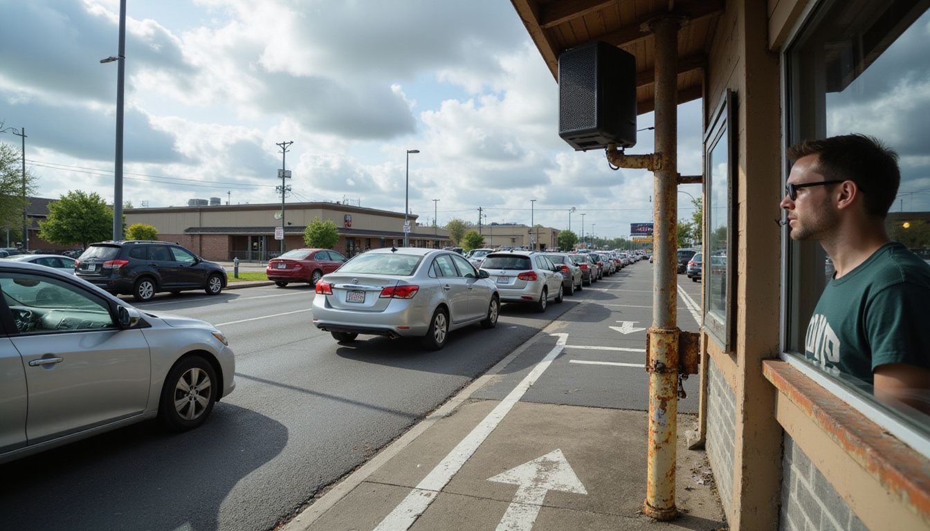 A busy drive-through during lunchtime with vehicles and staff serving customers. A busy drive-through during lunchtime with vehicles and staff serving customers.