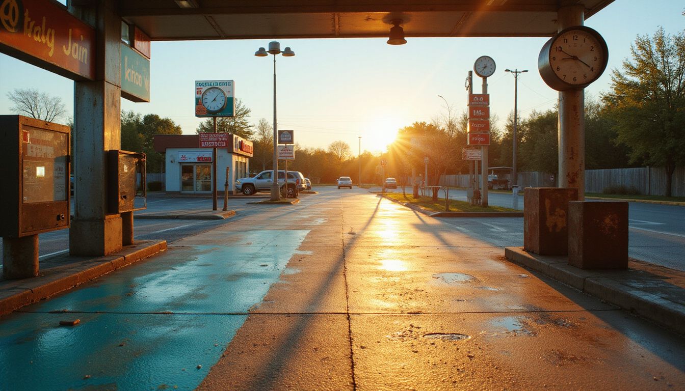 An empty drive-through with weathered asphalt and musical elements. An empty drive-through with weathered asphalt and musical elements.