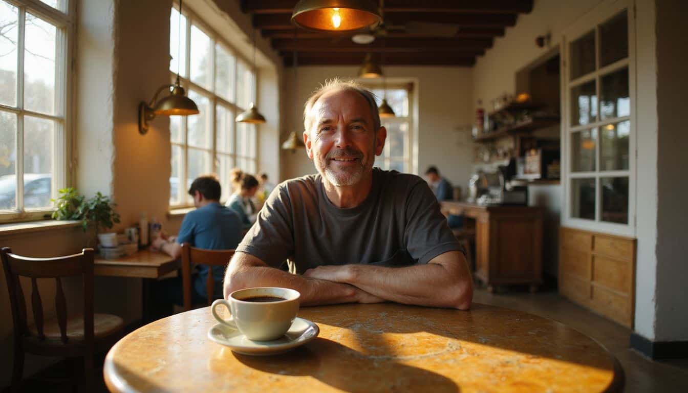 A middle-aged man enjoys a serene moment alone at a café. A middle-aged man enjoys a serene moment alone at a café.
