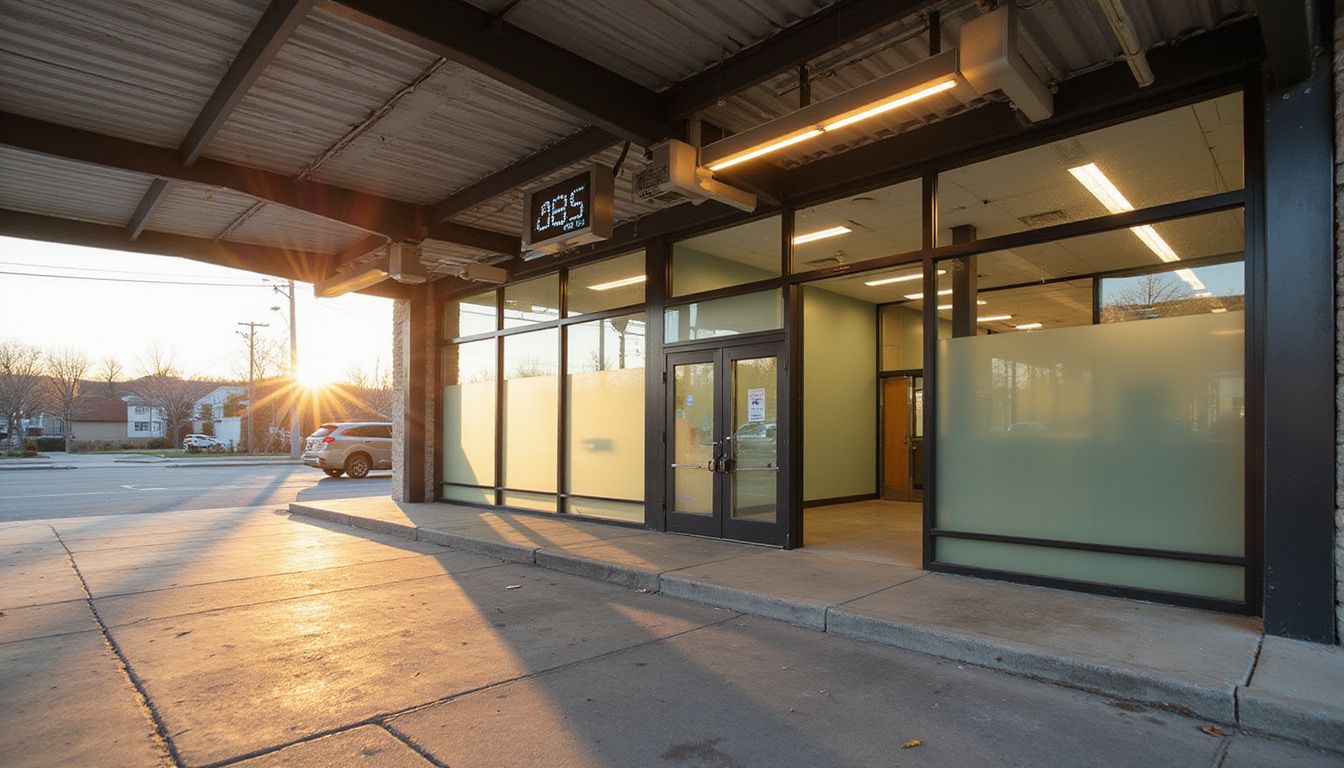 An empty drive-through lane features modern design and muted interior colors. An empty drive-through lane features modern design and muted interior colors.