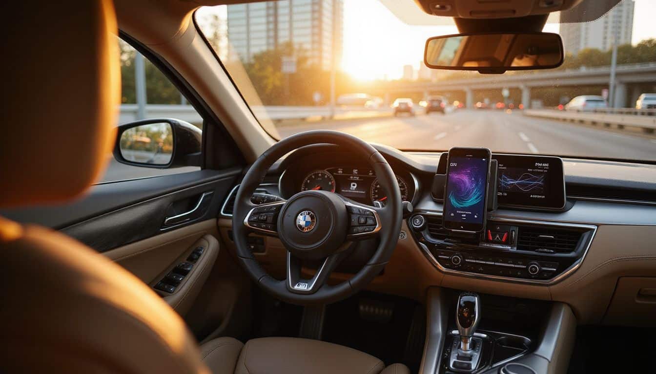 Luxury sedan interior showcasing high-end materials and advanced technology. Luxury sedan interior showcasing high-end materials and advanced technology.