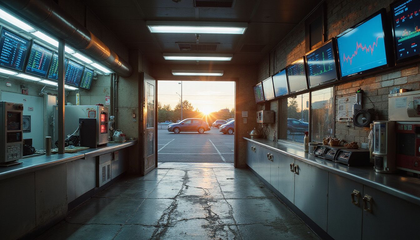 An empty fast food drive-through with digital screens and equipment. An empty fast food drive-through with digital screens and equipment.