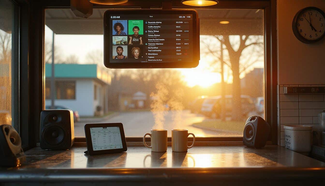A drive-through service window with coffee mugs and a digital music display. A drive-through service window with coffee mugs and a digital music display.