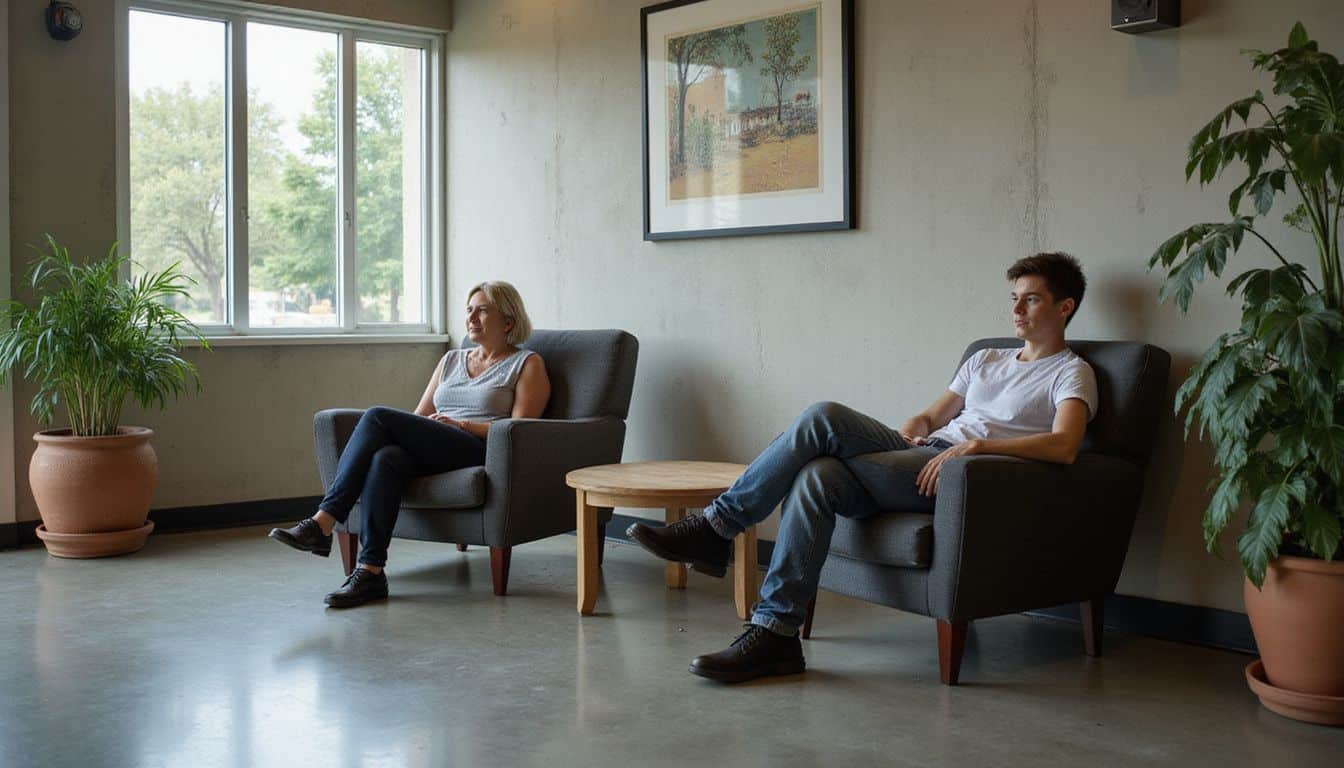 A woman and young man relax in a contemporary service drive waiting area. A woman and young man relax in a contemporary service drive waiting area.