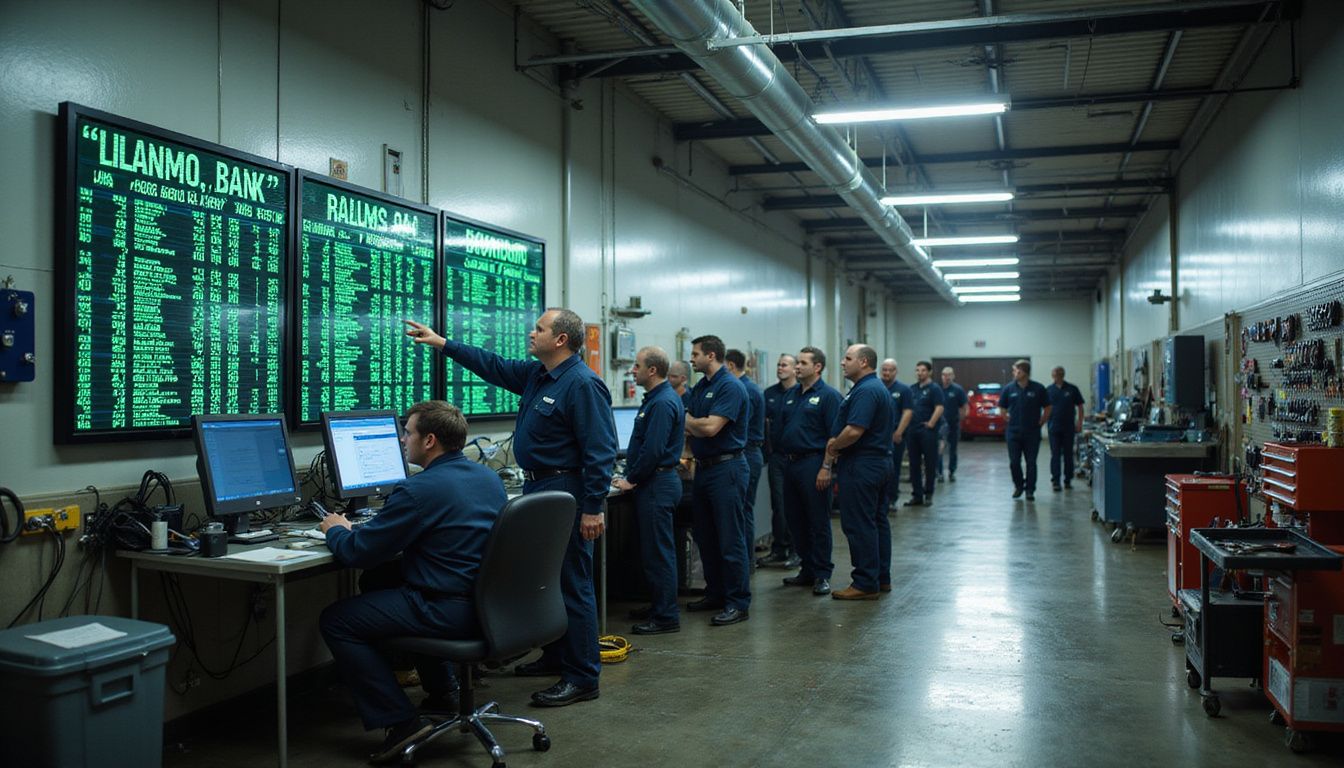 A busy automotive service department captures technicians engaging with performance metrics on a large display during a shift change. A busy automotive service department captures technicians engaging with performance metrics on a large display during a shift change.