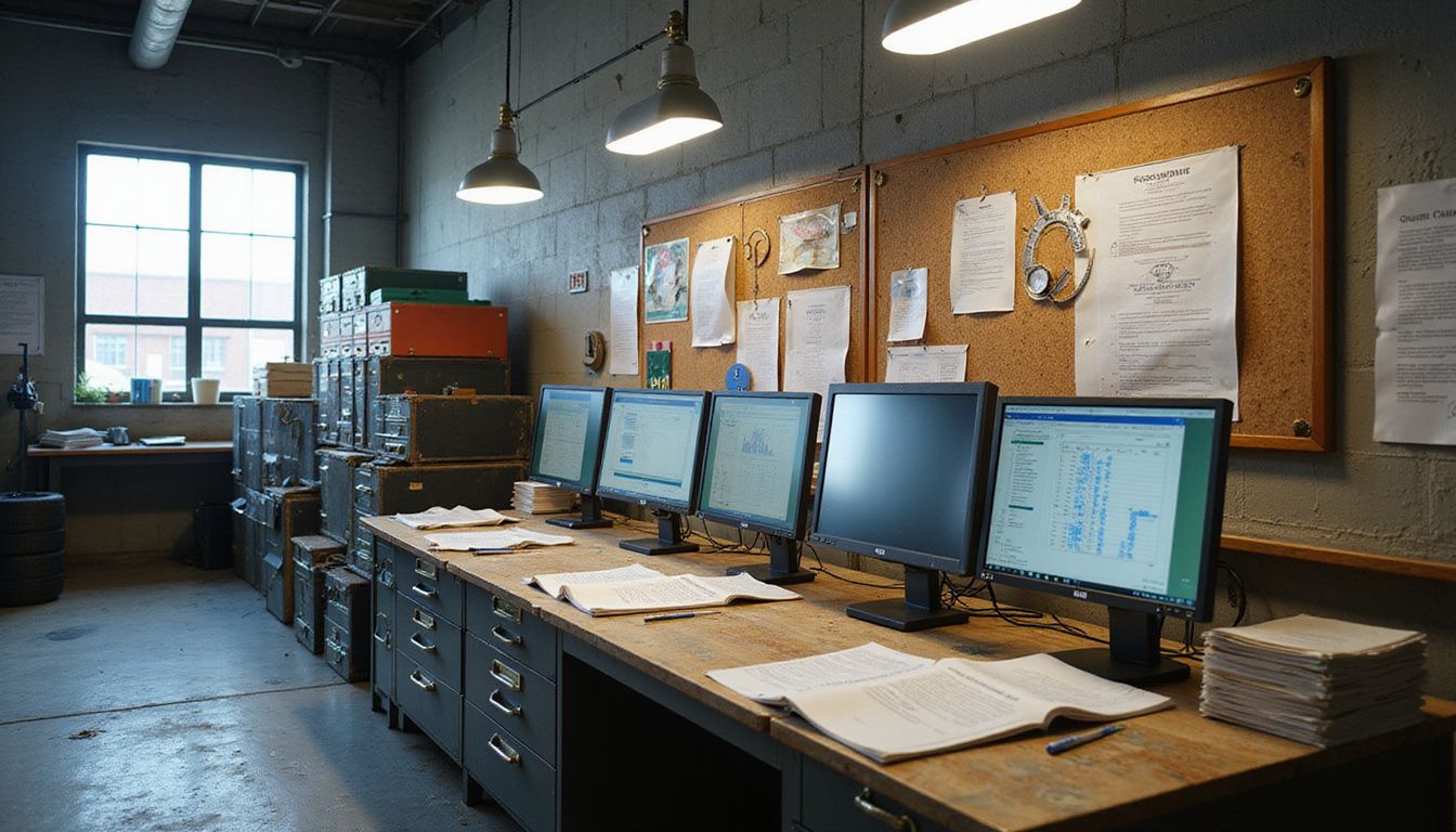 A warehouse quality assurance station showcases monitors, audit checklists, and industrial tools amidst worn surfaces and organized documentation. A warehouse quality assurance station showcases monitors, audit checklists, and industrial tools amidst worn surfaces and organized documentation.