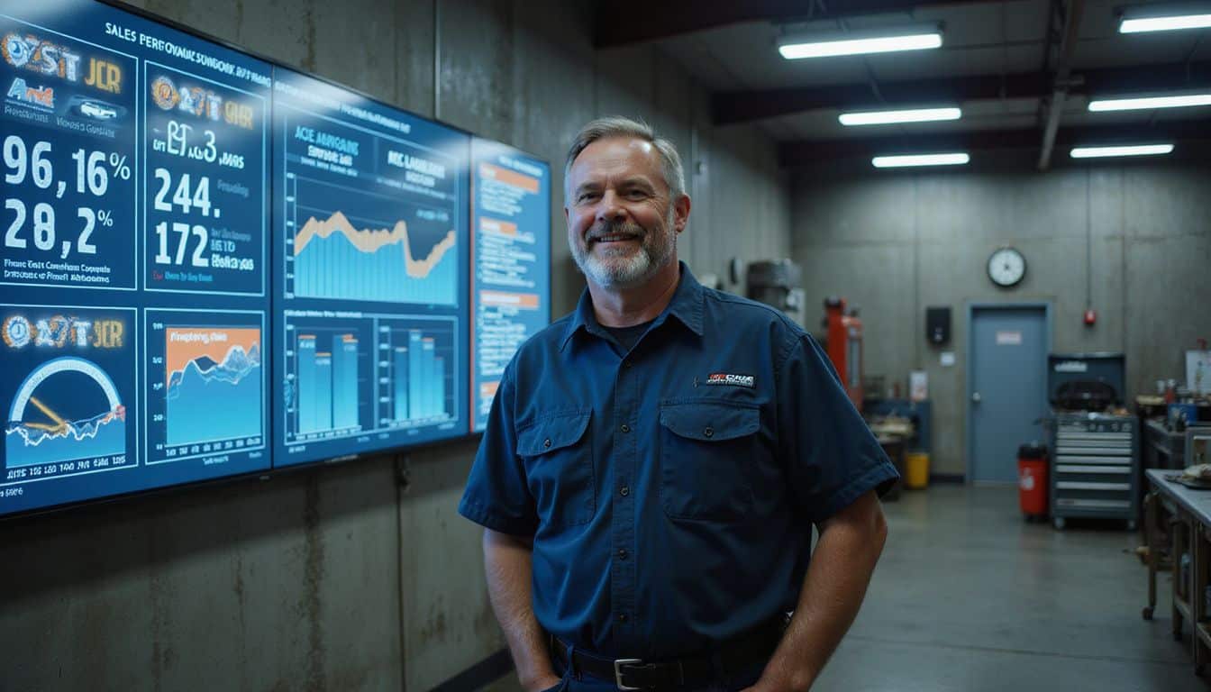 A stocky man in a work uniform stands confidently in an automotive service bay, smiling beside a performance dashboard. A stocky man in a work uniform stands confidently in an automotive service bay, smiling beside a performance dashboard.
