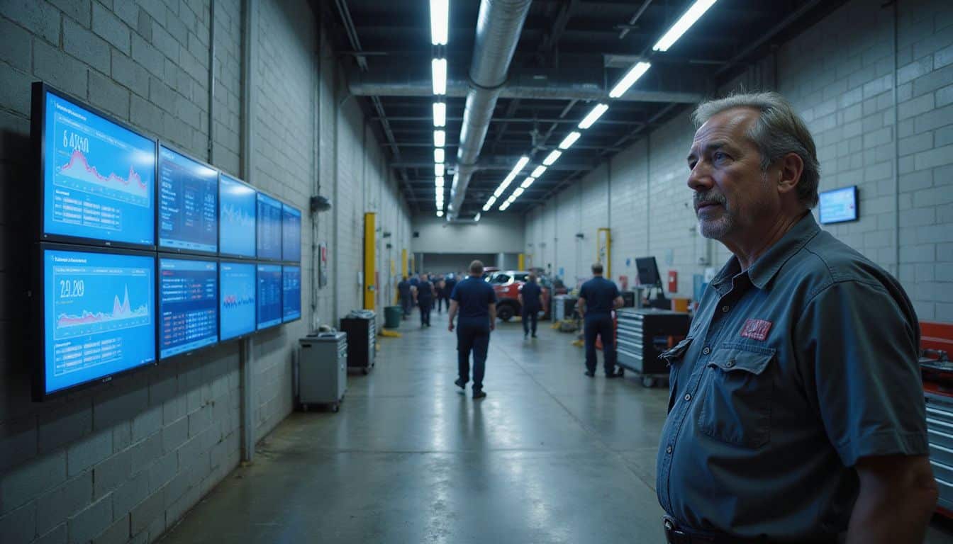 A middle-aged man in work coveralls studies performance metrics in a busy automotive service facility. A middle-aged man in work coveralls studies performance metrics in a busy automotive service facility.