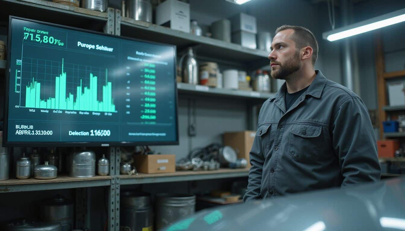A focused man in a work uniform stands in an automotive repair shop, gazing at performance metrics on a digital display. A focused man in a work uniform stands in an automotive repair shop, gazing at performance metrics on a digital display.