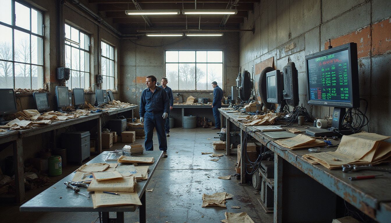 A cluttered automotive repair shop filled with tools, paperwork, and technicians focused on vehicle diagnostics and repairs. A cluttered automotive repair shop filled with tools, paperwork, and technicians focused on vehicle diagnostics and repairs.