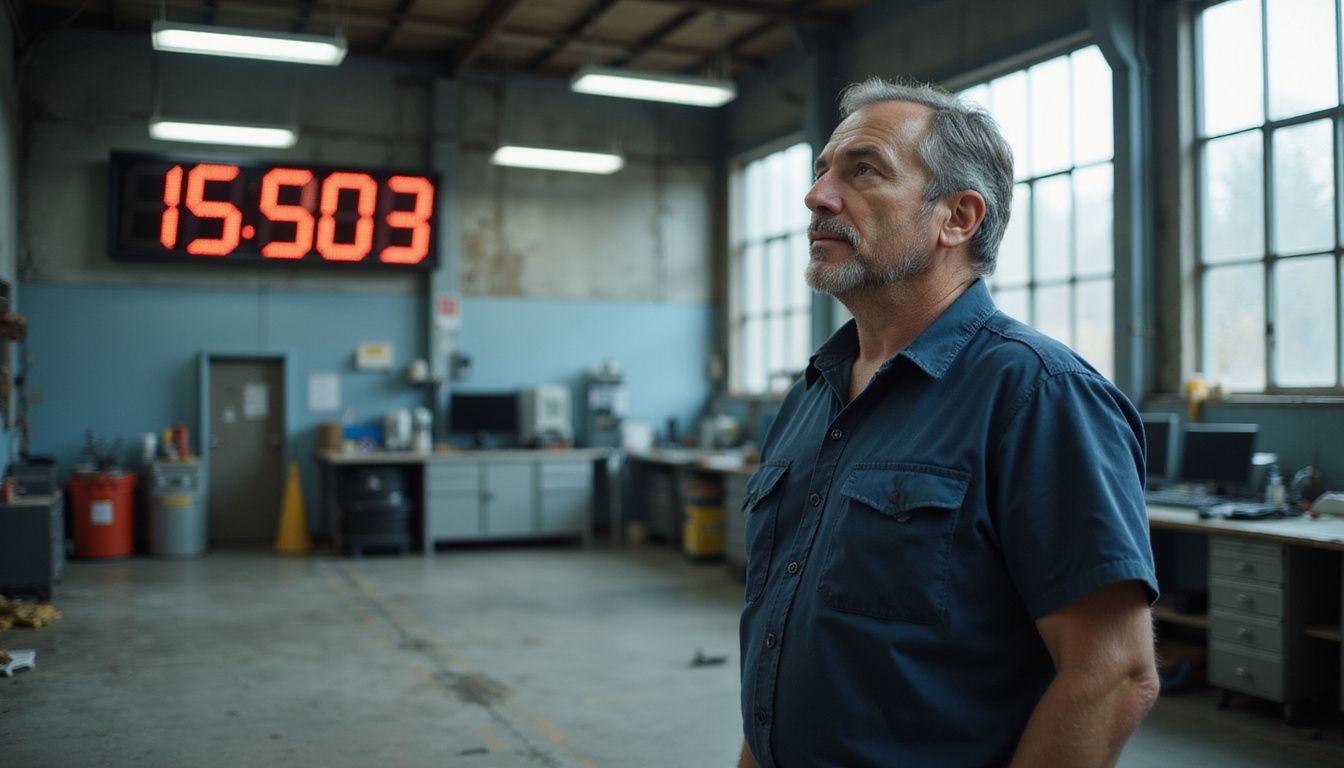 A focused man in a worn service uniform observes a digital performance leaderboard in an automotive repair facility. A focused man in a worn service uniform observes a digital performance leaderboard in an automotive repair facility.