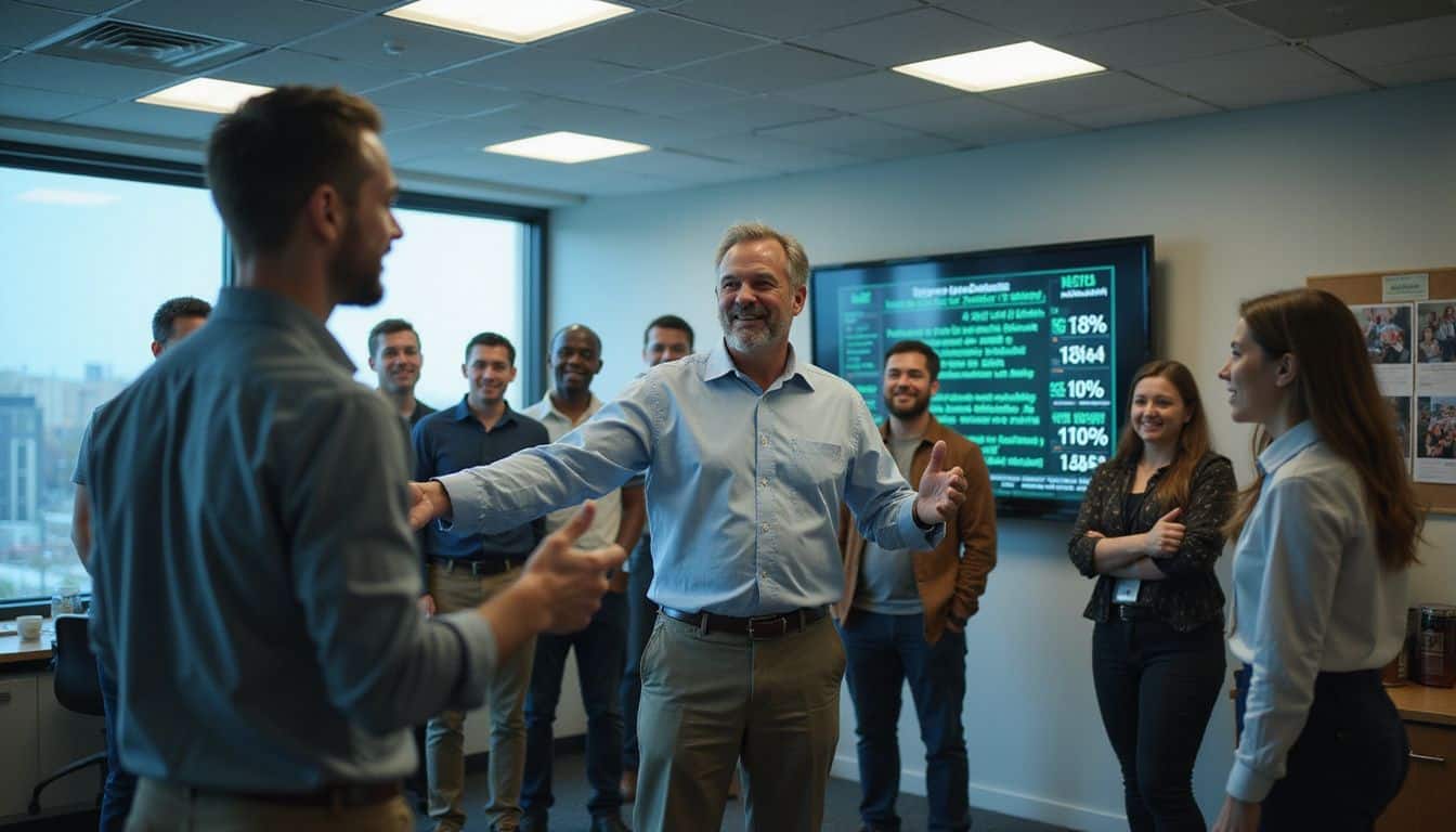 A middle-aged man enthusiastically presents performance metrics to a diverse group of engaged colleagues in a corporate break room. A middle-aged man enthusiastically presents performance metrics to a diverse group of engaged colleagues in a corporate break room.