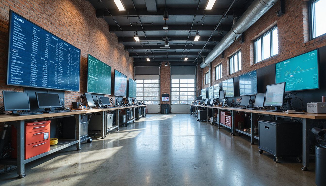 A modern automotive service facility showcasing advanced technology, organized workspaces, and operational equipment in a clean, functional environment. A modern automotive service facility showcasing advanced technology, organized workspaces, and operational equipment in a clean, functional environment.