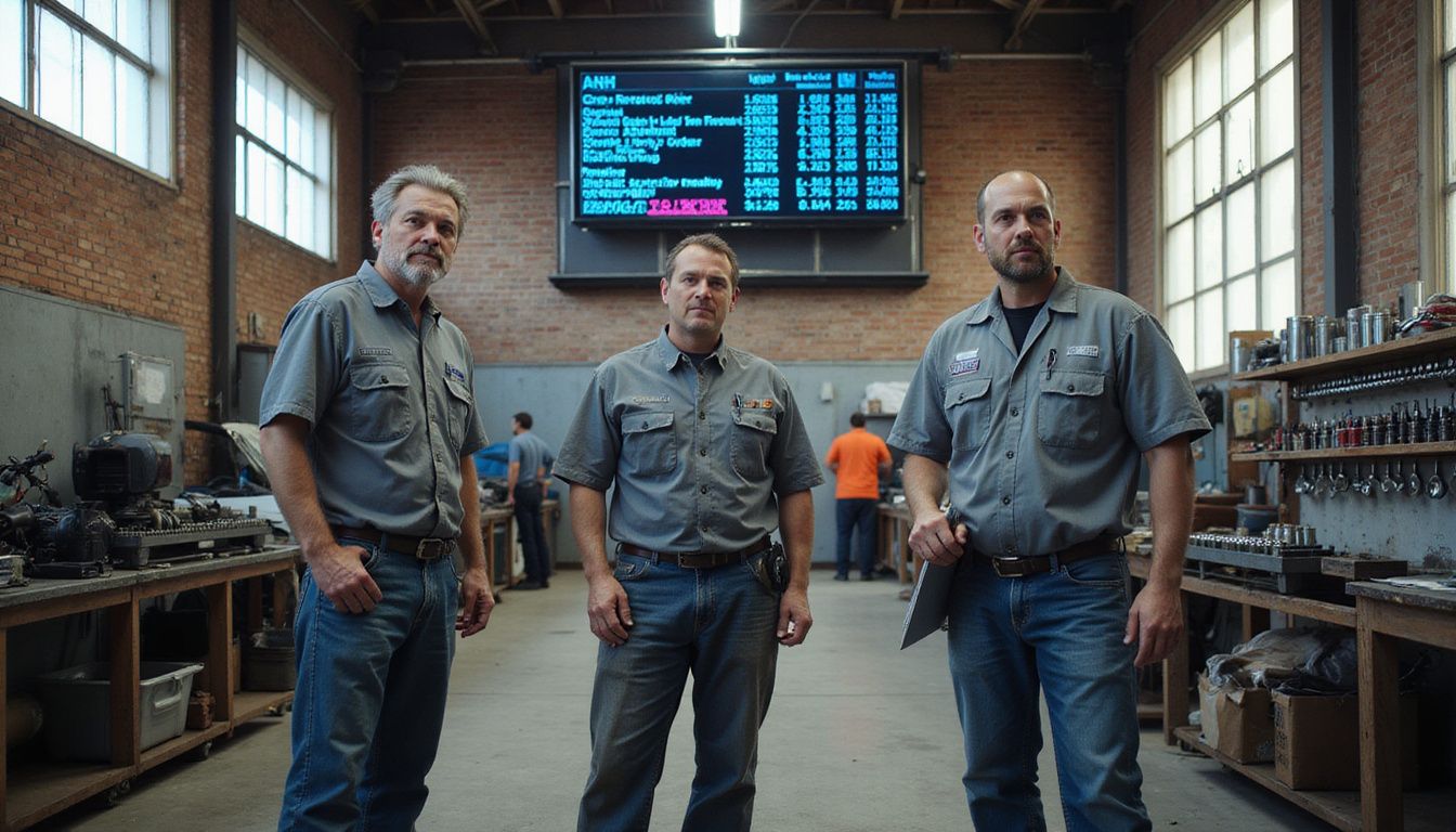 A bustling automotive repair facility showcases technicians focused on performance metrics displayed on a vibrant LED screen. A bustling automotive repair facility showcases technicians focused on performance metrics displayed on a vibrant LED screen.