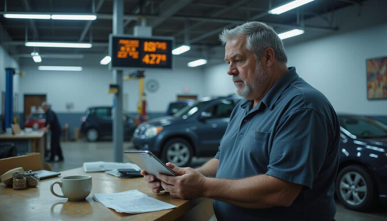 A man at a service counter examines a tablet amidst a busy automotive service department filled with tools and vehicles. A man at a service counter examines a tablet amidst a busy automotive service department filled with tools and vehicles.