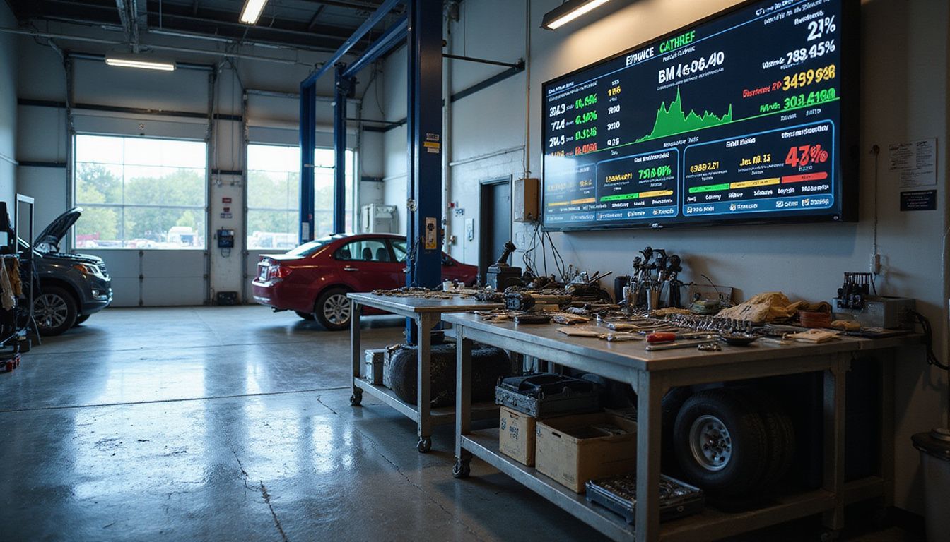 The image depicts a bustling automotive service facility with workstations, diagnostic tools, and a performance dashboard monitoring operations. The image depicts a bustling automotive service facility with workstations, diagnostic tools, and a performance dashboard monitoring operations.