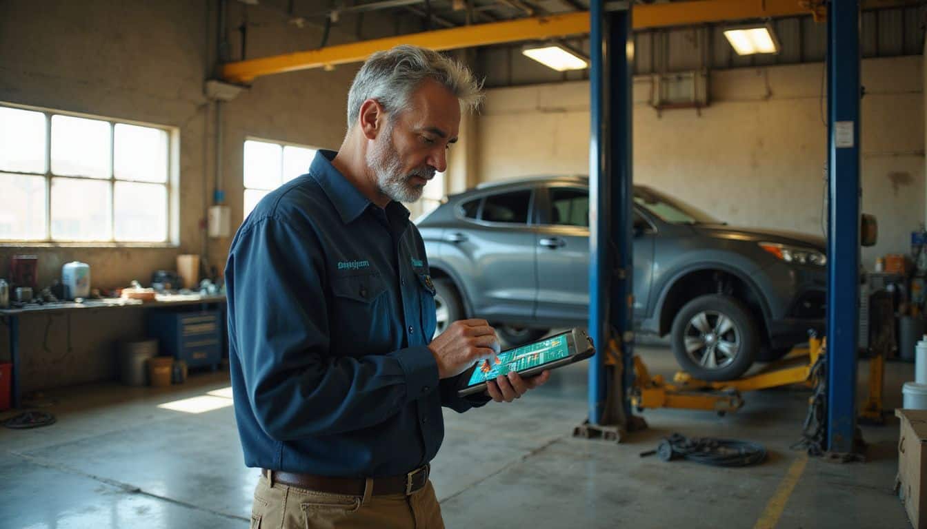 A middle-aged man in work attire studies analytics on a tablet in a busy automotive service bay. A middle-aged man in work attire studies analytics on a tablet in a busy automotive service bay.