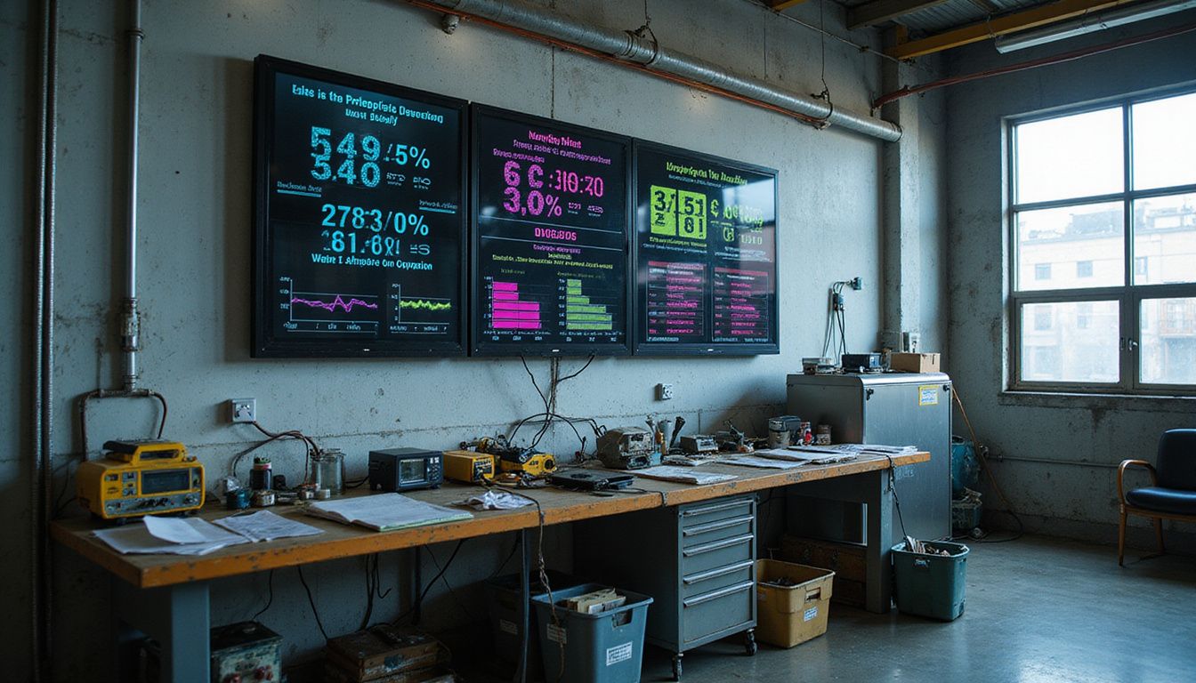 A warehouse service department features an LED display showing real-time metrics amid cluttered workstations and industrial equipment. A warehouse service department features an LED display showing real-time metrics amid cluttered workstations and industrial equipment.