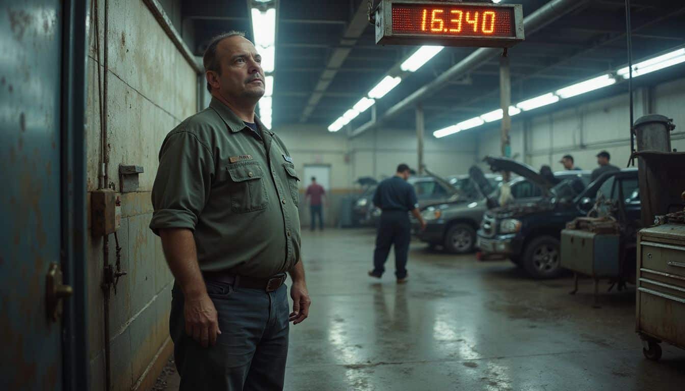 A middle-aged man in a worn work uniform concentrates on a diagnostic screen in a busy auto repair shop. A middle-aged man in a worn work uniform concentrates on a diagnostic screen in a busy auto repair shop.