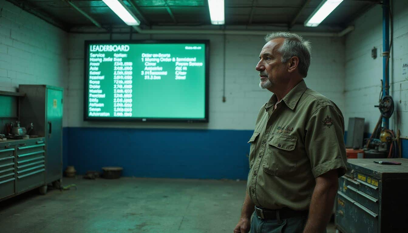 A middle-aged mechanic in a stained uniform studies performance metrics displayed on a digital screen in an automotive service bay. A middle-aged mechanic in a stained uniform studies performance metrics displayed on a digital screen in an automotive service bay.