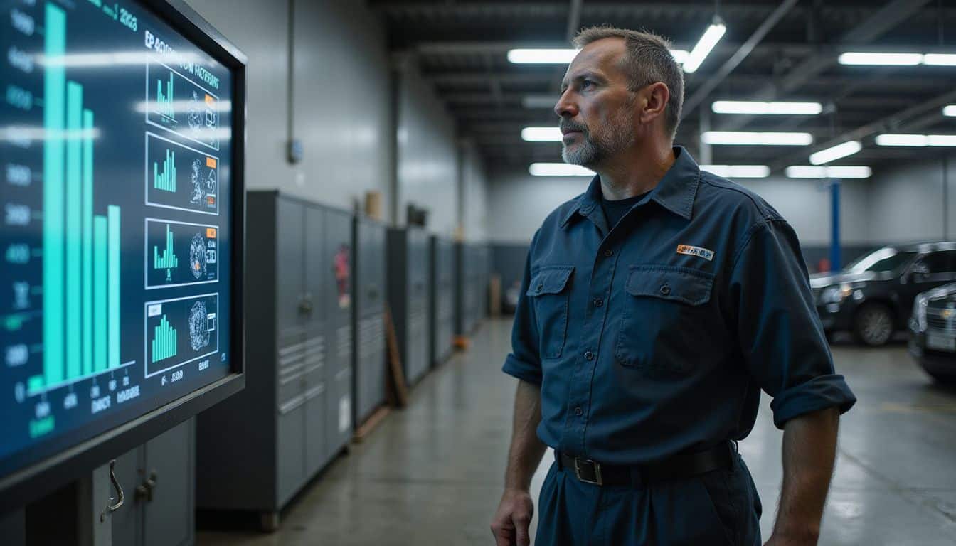 A weathered auto technician in a navy work uniform intently analyzes performance metrics in a busy service bay. A weathered auto technician in a navy work uniform intently analyzes performance metrics in a busy service bay.