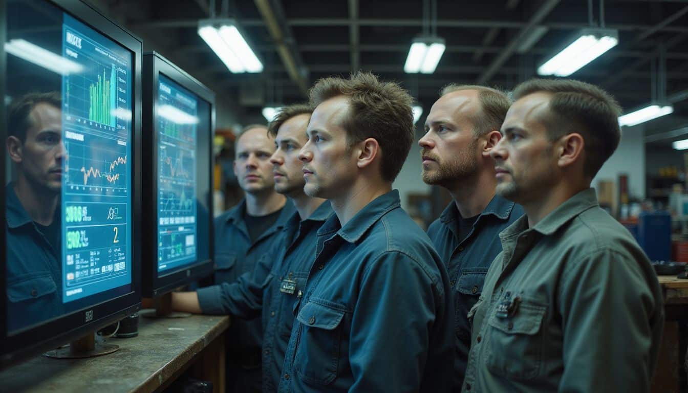 A group of automotive technicians and advisors attentively analyzes performance metrics on a large digital display. A group of automotive technicians and advisors attentively analyzes performance metrics on a large digital display.
