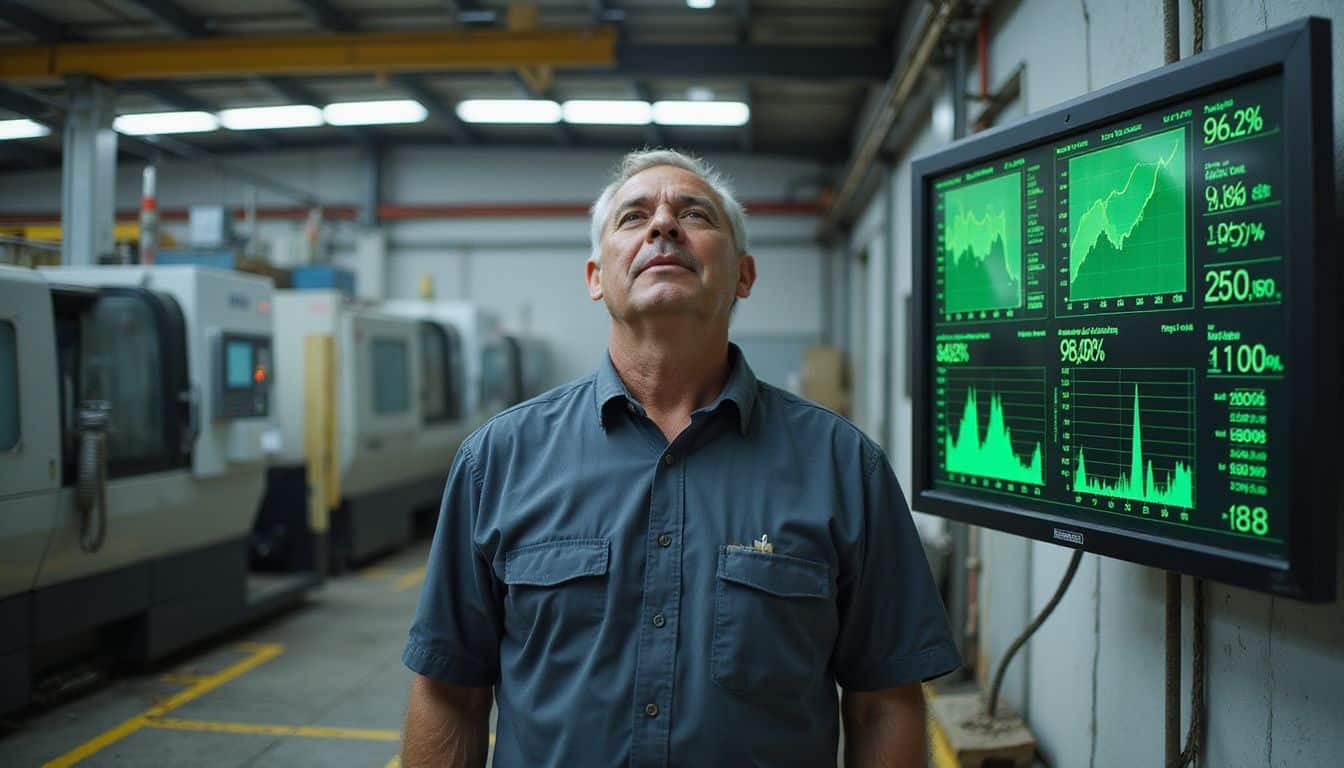 A weathered factory worker stands contentedly while monitoring operational data on a digital display amidst CNC machines. A weathered factory worker stands contentedly while monitoring operational data on a digital display amidst CNC machines.