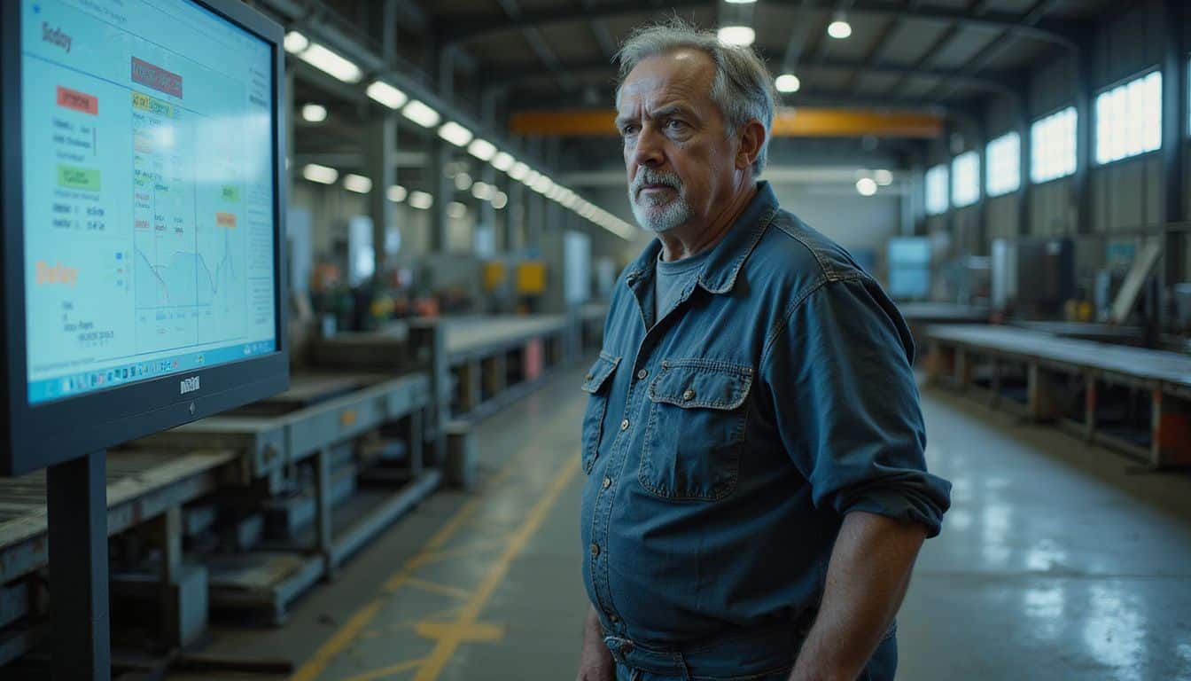 A weary factory worker monitors production metrics on an industrial screen, facing critical decisions amid idle machines. A weary factory worker monitors production metrics on an industrial screen, facing critical decisions amid idle machines.