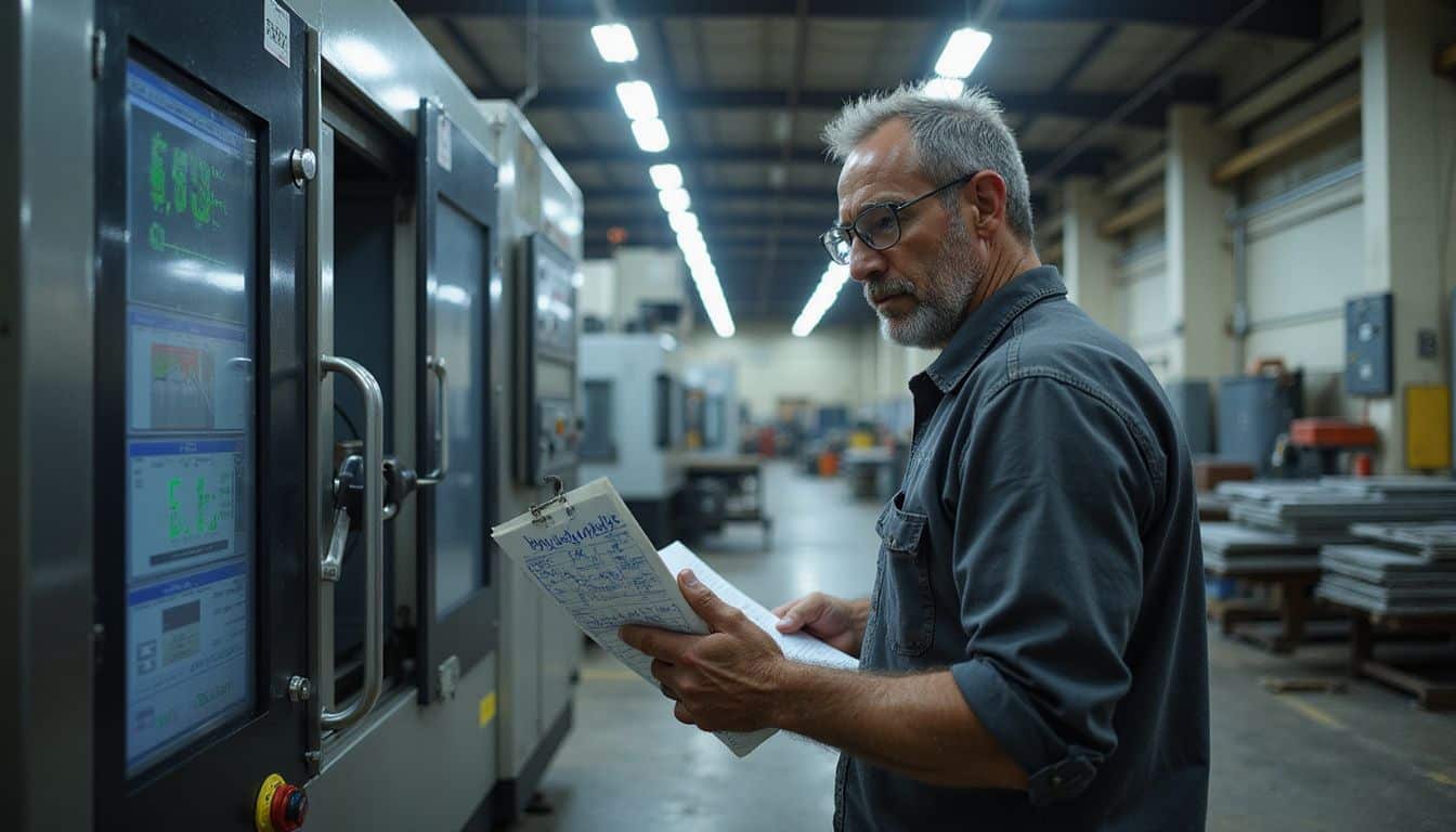 A focused middle-aged man inspects real-time data on a CNC milling machine in an industrial manufacturing facility. A focused middle-aged man inspects real-time data on a CNC milling machine in an industrial manufacturing facility.
