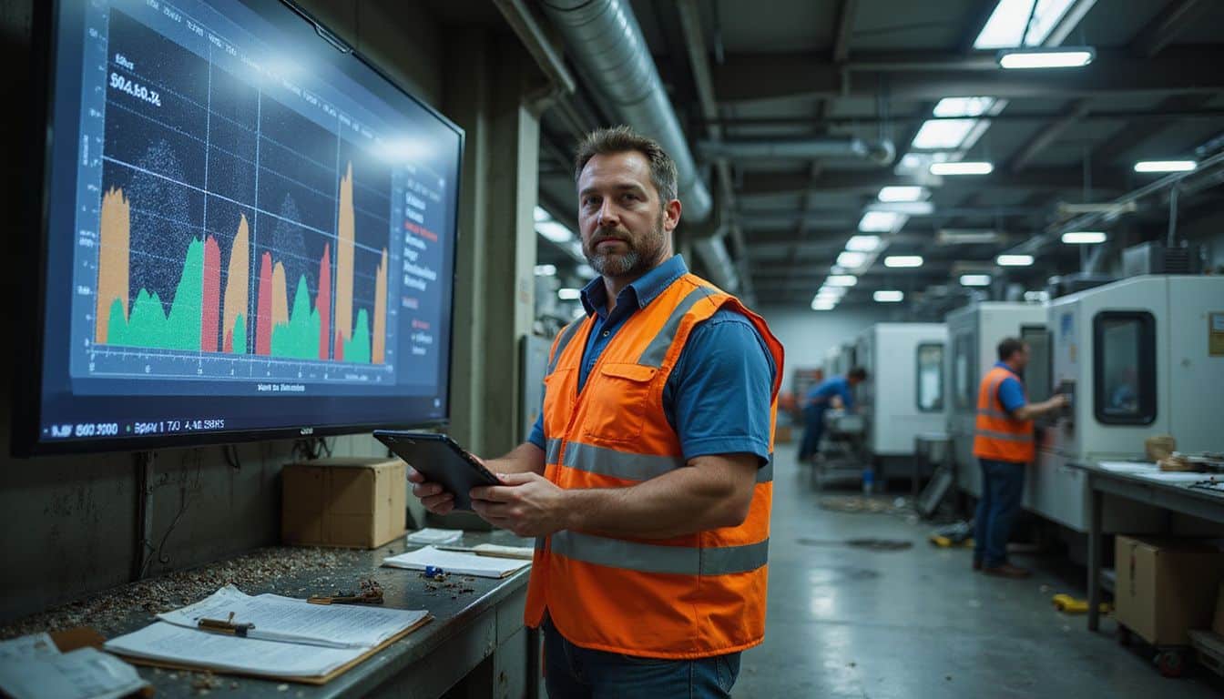 A factory supervisor monitors real-time manufacturing metrics amidst operators and machinery in a bustling industrial warehouse. A factory supervisor monitors real-time manufacturing metrics amidst operators and machinery in a bustling industrial warehouse.
