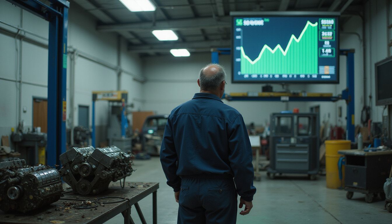 A bewildered technician stands amidst a cluttered automotive repair facility, gazing at bright performance metrics on a digital screen. A bewildered technician stands amidst a cluttered automotive repair facility, gazing at bright performance metrics on a digital screen.
