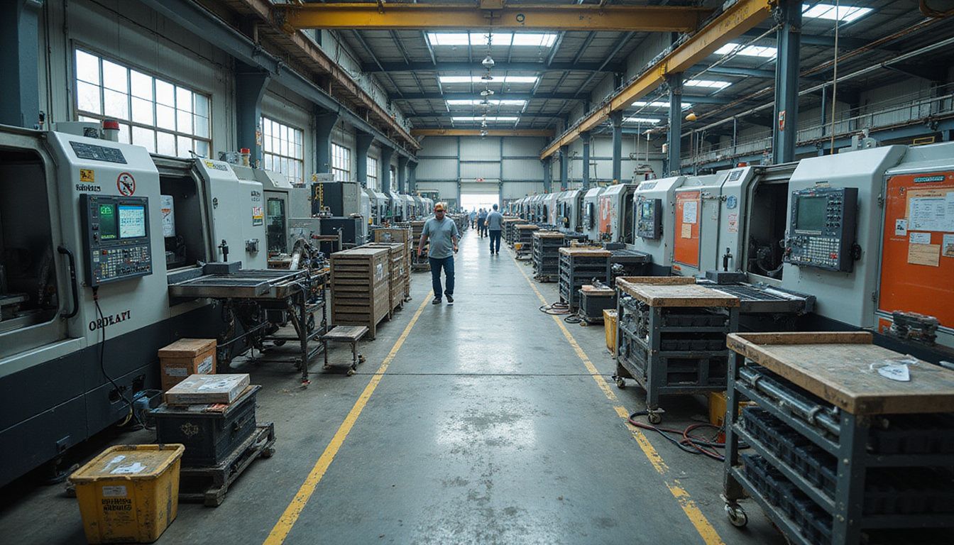 The image depicts a busy manufacturing floor with CNC machining stations, organized tools, and workers engaged in production tasks. The image depicts a busy manufacturing floor with CNC machining stations, organized tools, and workers engaged in production tasks.