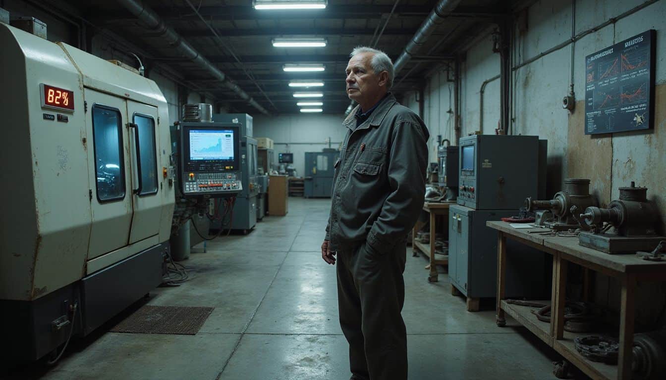 A concerned technician monitors performance metrics at a worn industrial manufacturing facility, surrounded by machinery and tools. A concerned technician monitors performance metrics at a worn industrial manufacturing facility, surrounded by machinery and tools.