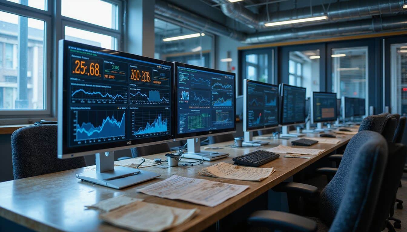 A modern service center control room features high-resolution monitors displaying real-time dashboards and equipment metrics. A modern service center control room features high-resolution monitors displaying real-time dashboards and equipment metrics.