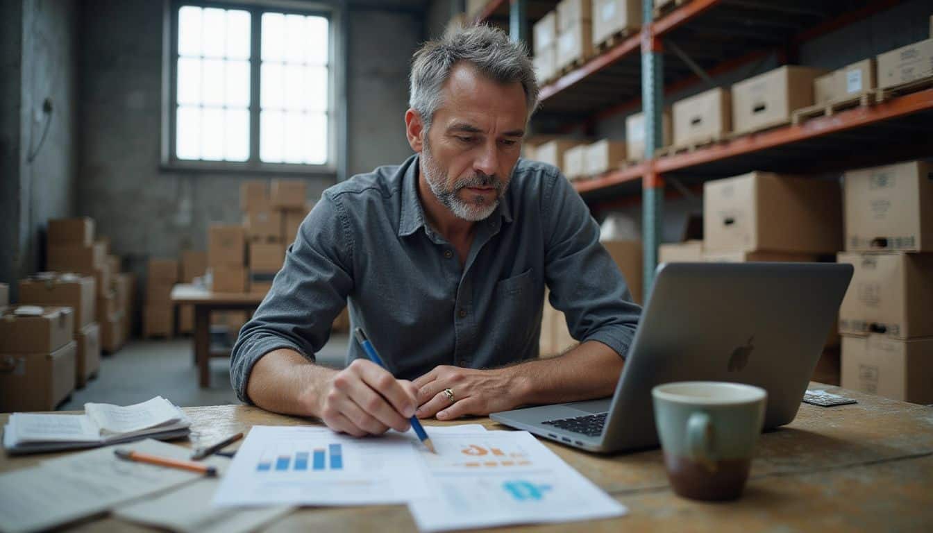 A focused middle-aged man analyzes data at a weathered desk in a vast industrial warehouse. A focused middle-aged man analyzes data at a weathered desk in a vast industrial warehouse.