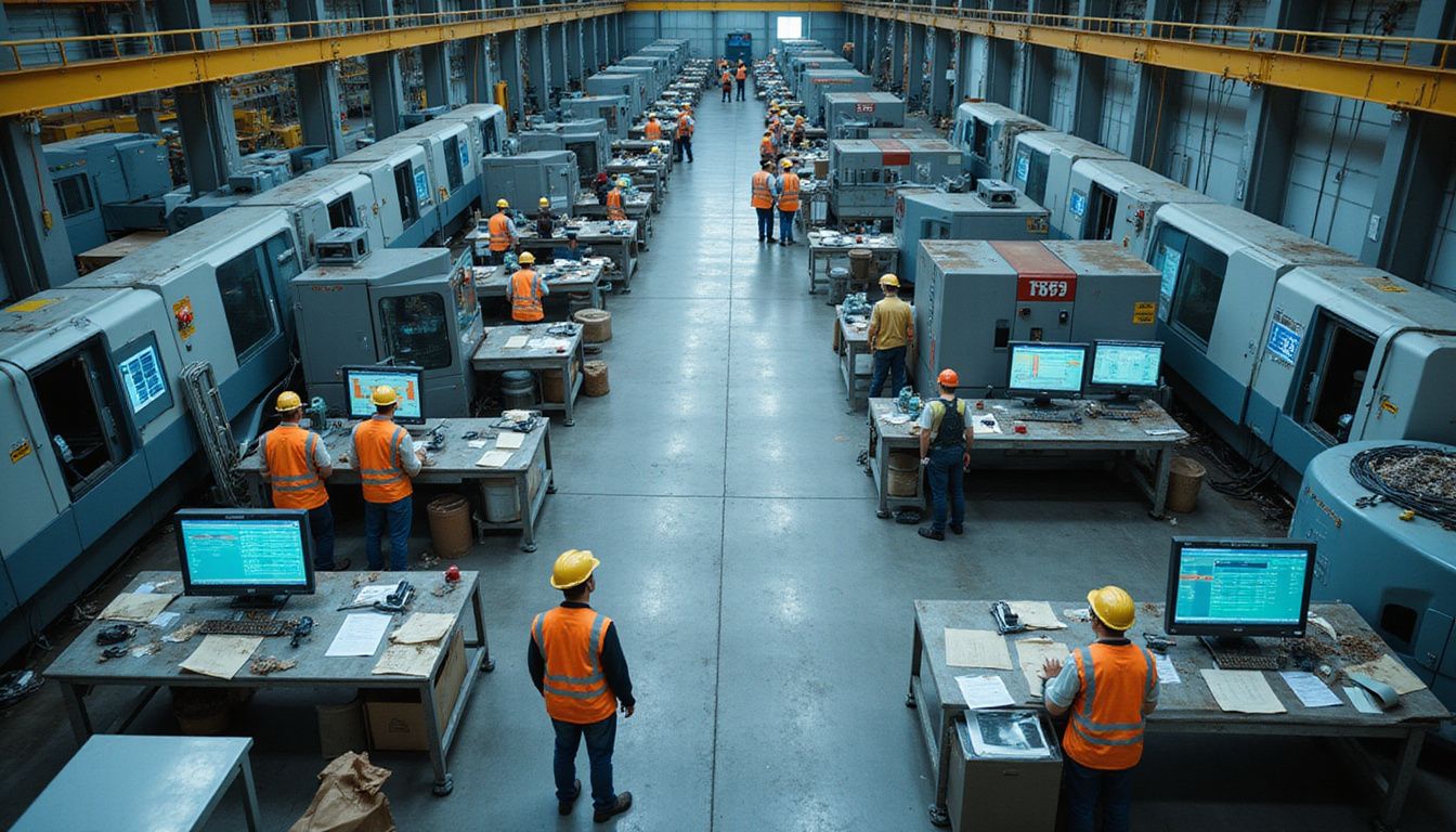 An active industrial factory floor with CNC machines, operators monitoring tasks, and KPI dashboards displaying production metrics. An active industrial factory floor with CNC machines, operators monitoring tasks, and KPI dashboards displaying production metrics.