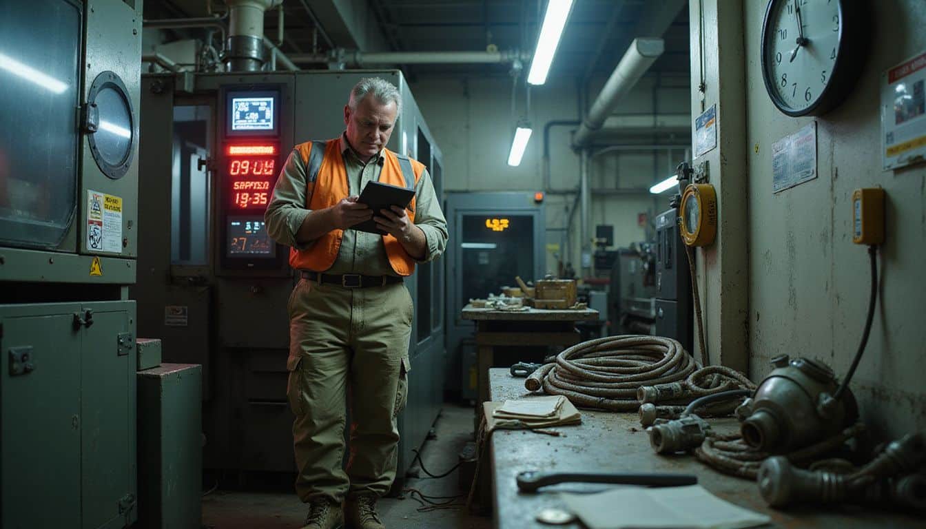 A tense worker in coveralls assesses a malfunctioning spindle machine amidst ongoing production activity on the factory floor. A tense worker in coveralls assesses a malfunctioning spindle machine amidst ongoing production activity on the factory floor.