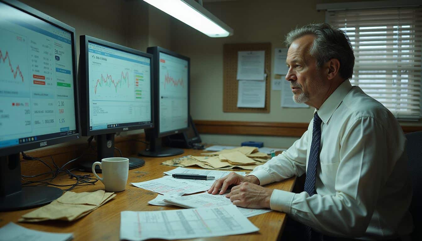 A weary man at a cluttered desk intensely analyzes fluctuating performance data on multiple monitors, showcasing workplace fatigue. A weary man at a cluttered desk intensely analyzes fluctuating performance data on multiple monitors, showcasing workplace fatigue.