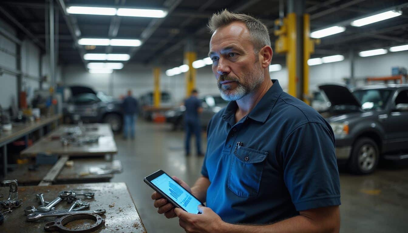 A weathered man in a grease-stained polo studies diagnostics on an iPad in a busy auto repair shop. A weathered man in a grease-stained polo studies diagnostics on an iPad in a busy auto repair shop.