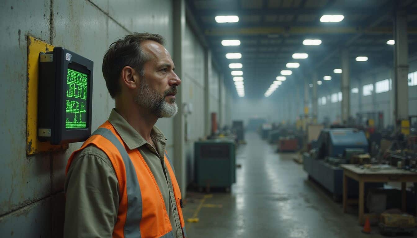 A middle-aged man in a safety vest stands near a digital display in a busy manufacturing facility. A middle-aged man in a safety vest stands near a digital display in a busy manufacturing facility.