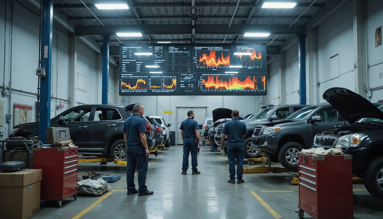 A busy automotive service bay features technicians working on various vehicles amidst cluttered tools and real-time operational data. A busy automotive service bay features technicians working on various vehicles amidst cluttered tools and real-time operational data.