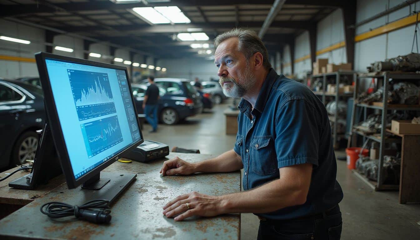 A weathered man concentrates on diagnostics at a cluttered automotive repair shop filled with vehicles and tools. A weathered man concentrates on diagnostics at a cluttered automotive repair shop filled with vehicles and tools.