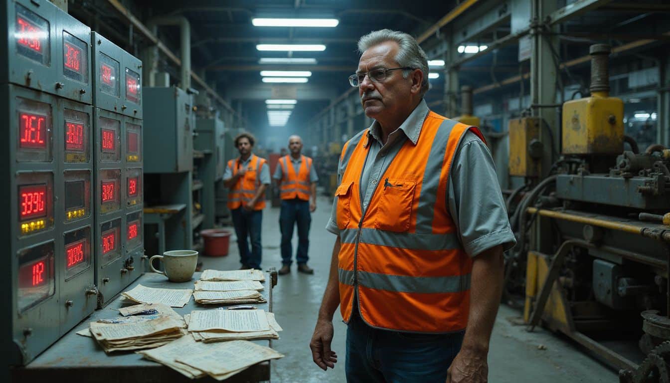 A factory floor manager shows concern while examining a malfunctioning control panel amid inactive machinery and uncertain coworkers. A factory floor manager shows concern while examining a malfunctioning control panel amid inactive machinery and uncertain coworkers.