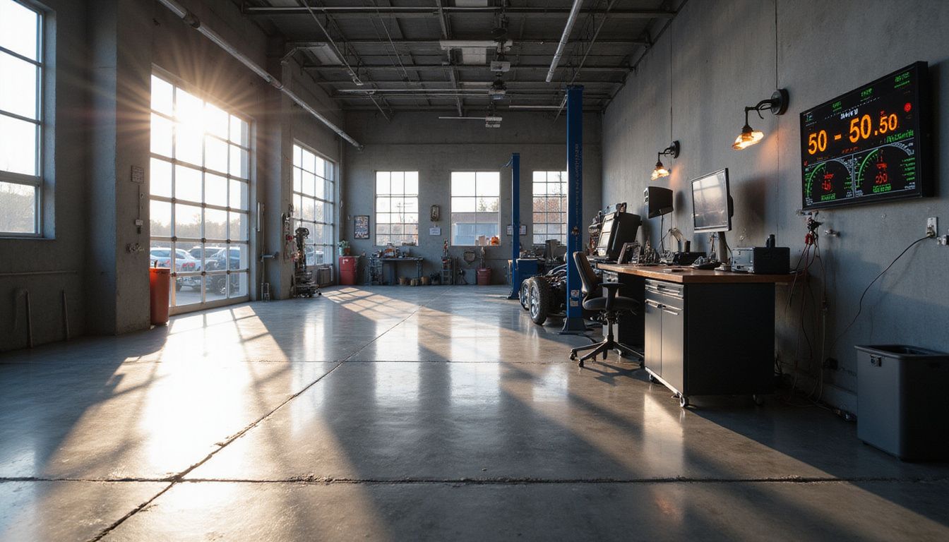 A modern automotive service facility with organized workspaces and professional equipment. A modern automotive service facility with organized workspaces and professional equipment.